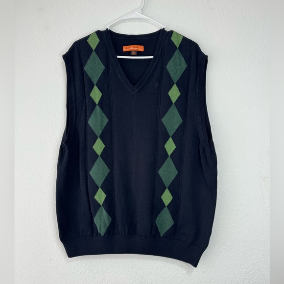 SETTE PONTI Mens Sweater Vest Knit XXL Big&Tall Navy Argyle Cable Pullover - Picture 3 of 13